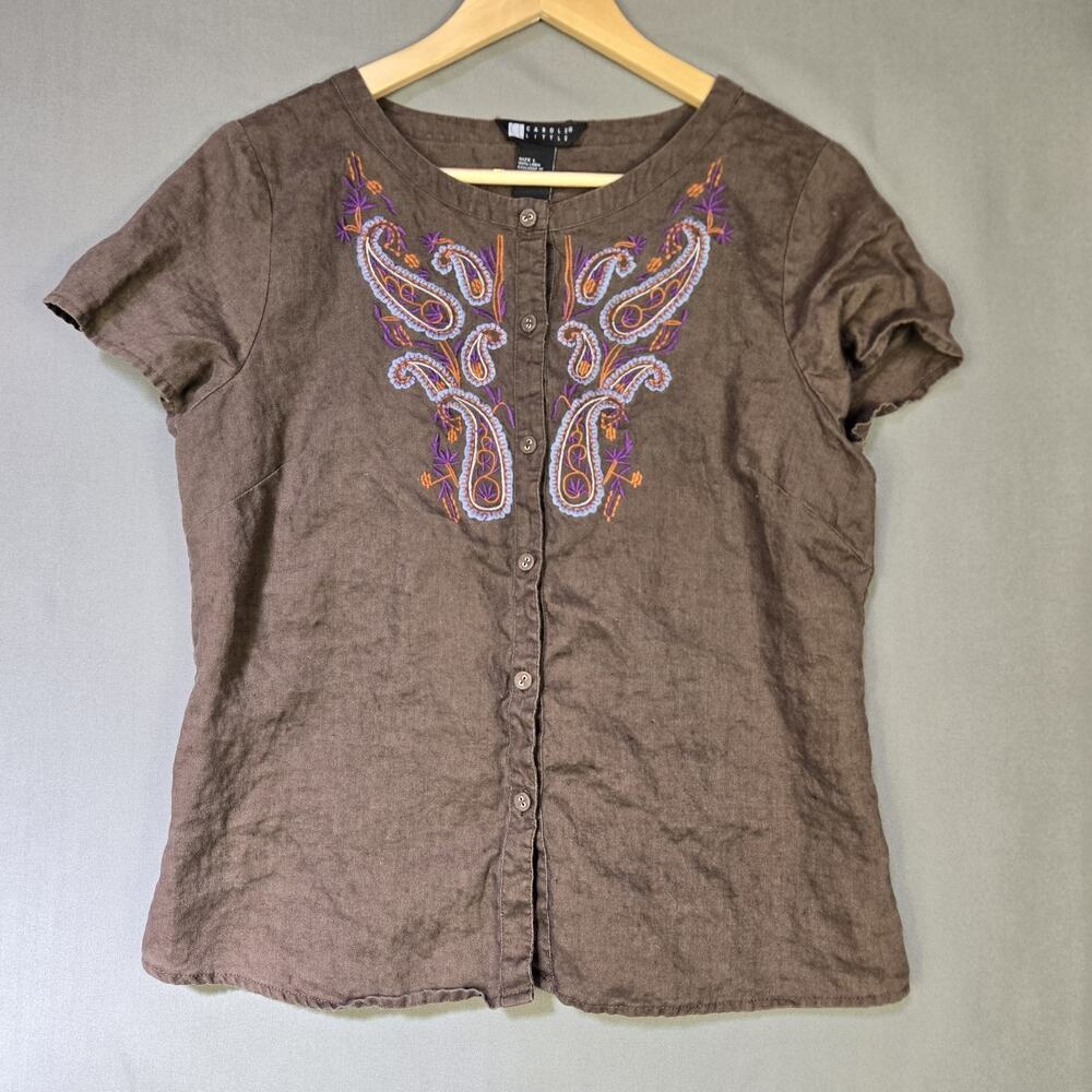 Carol Little 100% Linen Purple Paisley Floral Embroidered Button Up Top Size L
